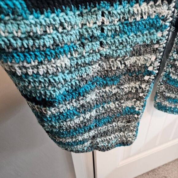 Vintage 90s Handmade Crochet Cardigan Womens 3X Blue Knit Open Long Boho Tunic - Picture 4 of 7
